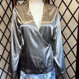 Chico's Satin Silky Silver Cross Over Wrap Front Blouse